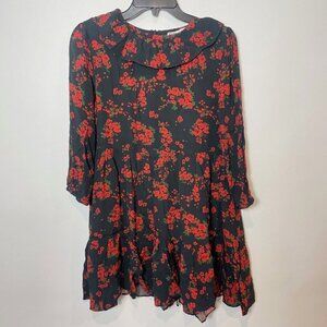 Zara A-Line Mini Dress Black Red‎ S 3/4 Sleeve Floral Printed Back Zip Viscose